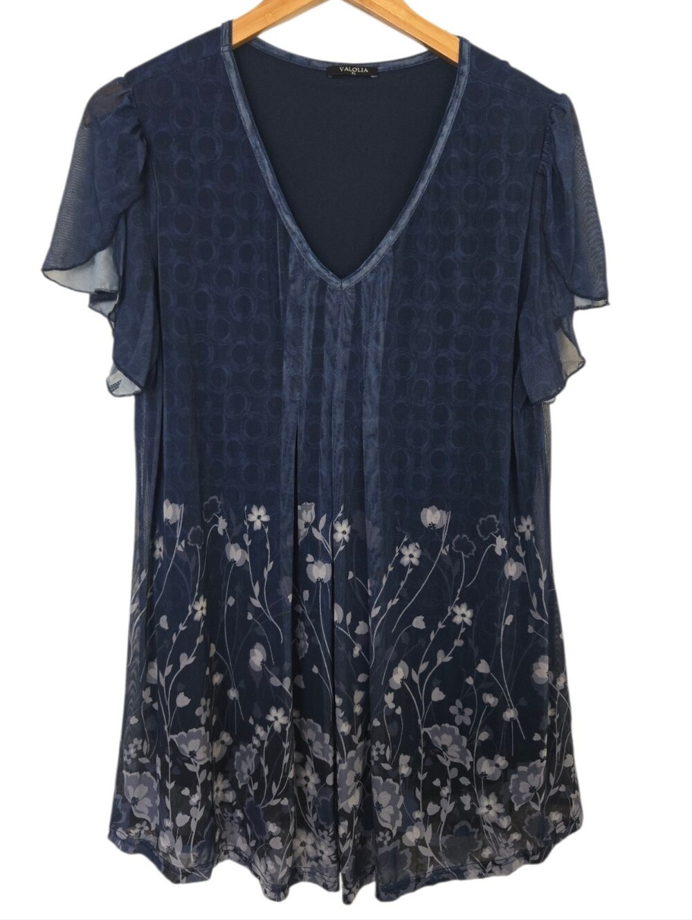Valolia XL Navy Blue Mesh Floral Flutter Sleeve Tunic Top - Picture 2 of 4